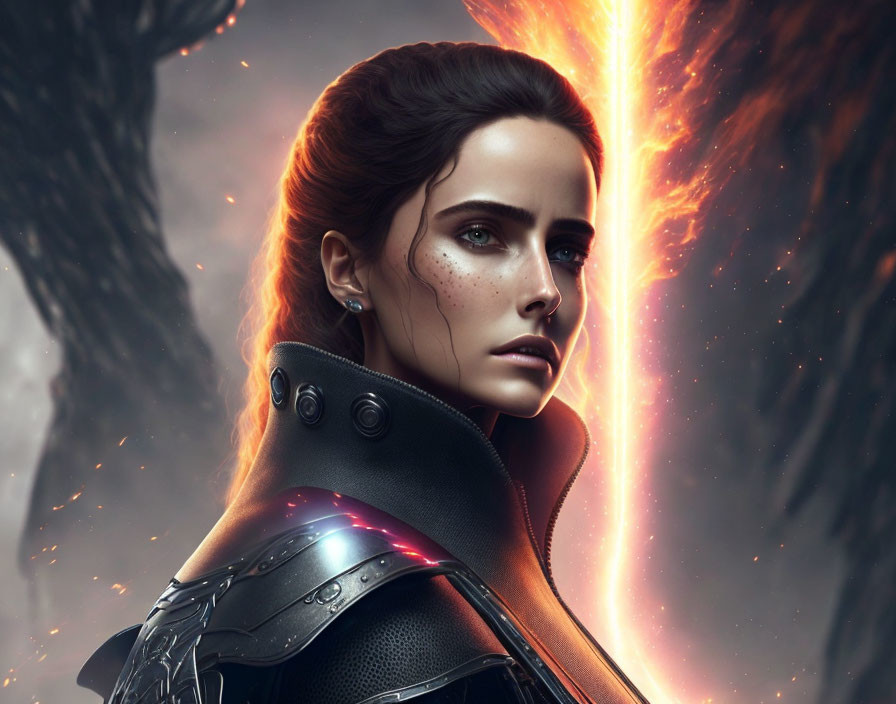 Digital Artwork: Woman with Dark Hair in Futuristic Armor and Fiery Wings