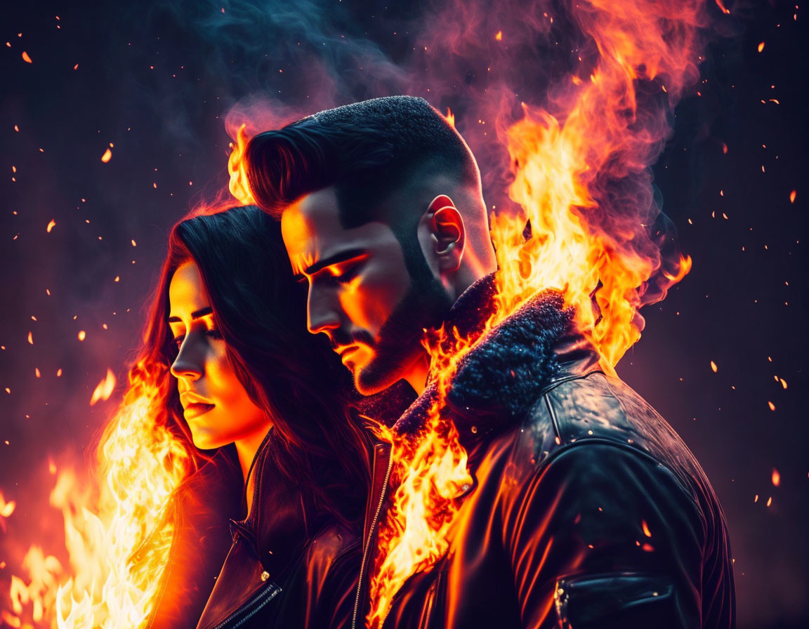 Man and woman in flames, standing back to back profile view