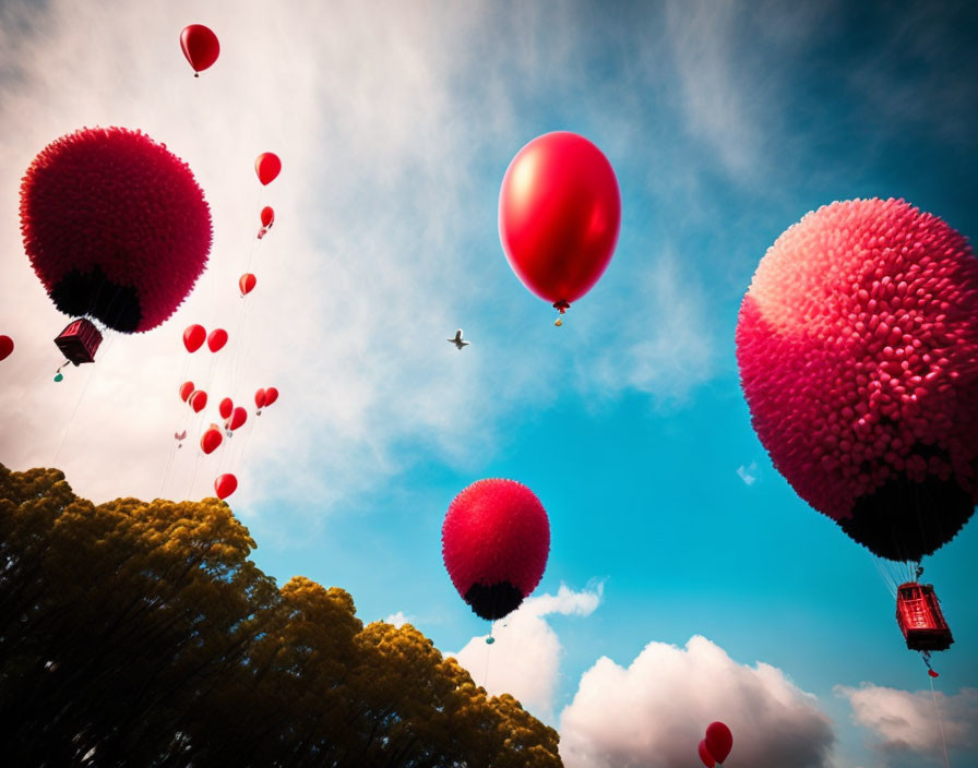 Colorful hot air balloons and red spheres under blue sky with bird in flight