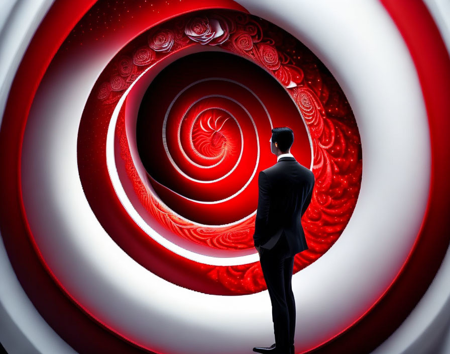 Man in suit in front of red and white abstract tunnel with rose patterns