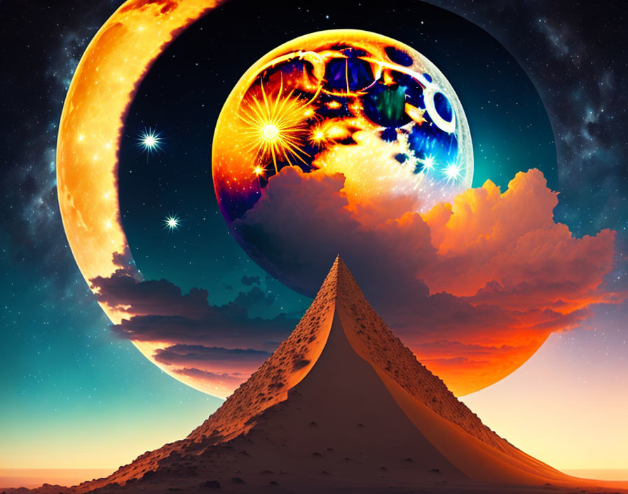 Surreal landscape with Egyptian pyramids under starry sky and oversized celestial bodies