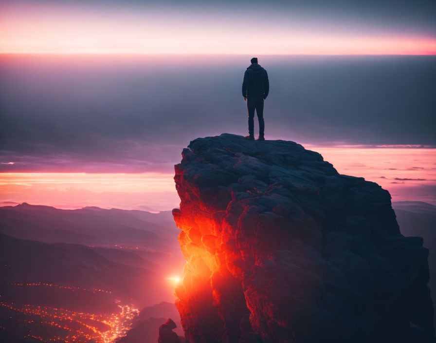 Person on Rocky Peak Overlooking Glowing Sunrise or Sunset