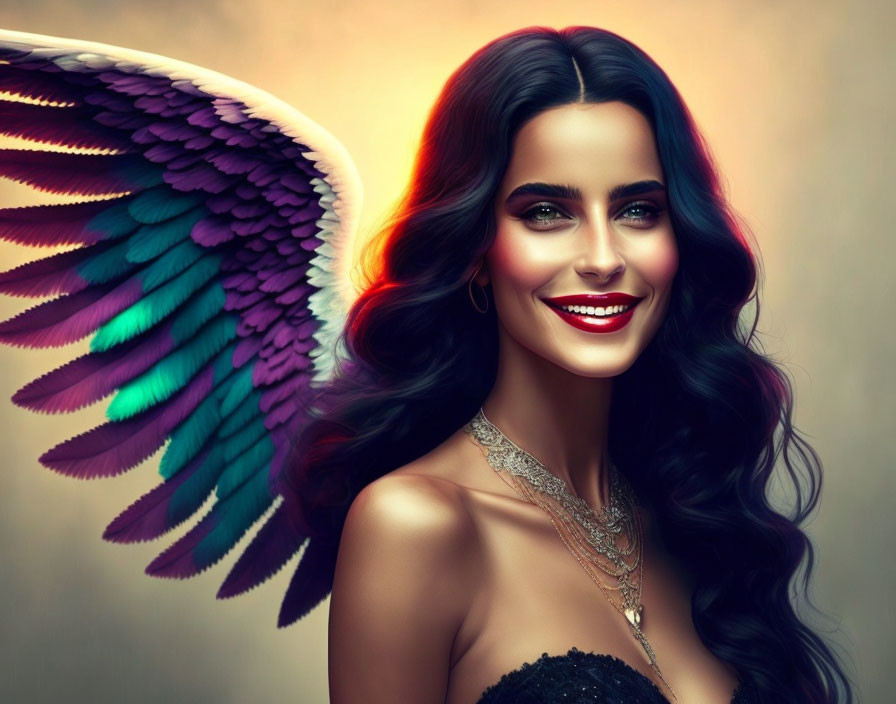 Woman with Dark Hair, Bright Smile, and Colorful Angel Wings