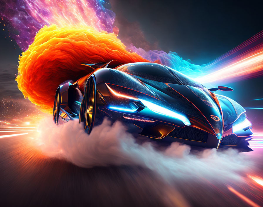 Futuristic Blue Sports Car Speeding in Cosmic Setting