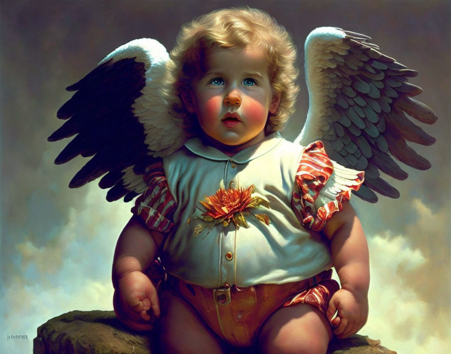 Realistic painting of cherubic baby with wings in vintage outfit on rock