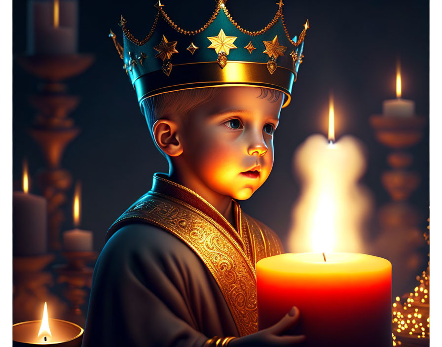 Young Child in Royal Crown Gazing at Lit Candle