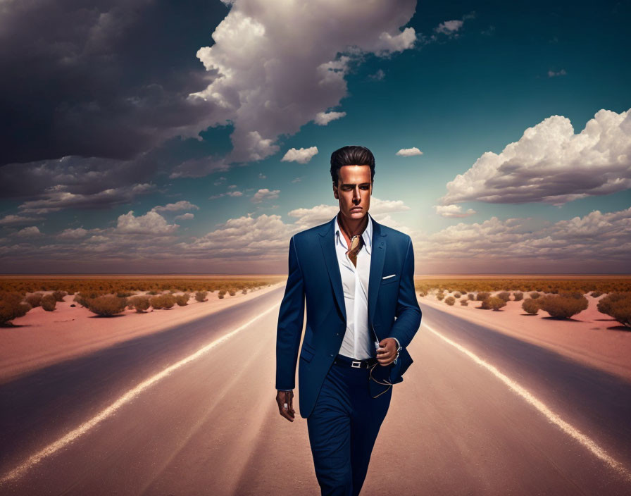 Stylish man in blue suit walking on desert road under dramatic sky