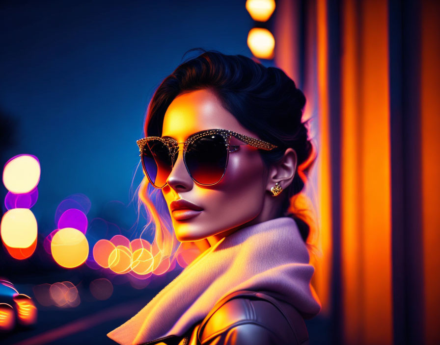 Fashionable woman with dramatic makeup and sunglasses under neon city lights.