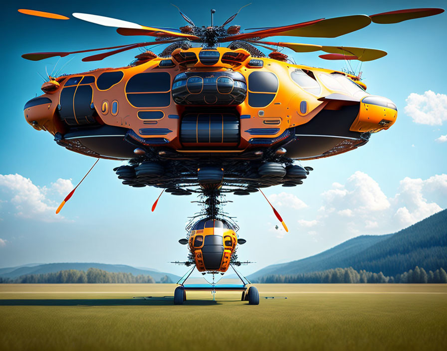 Futuristic orange helicopter with multiple rotors on grassy field