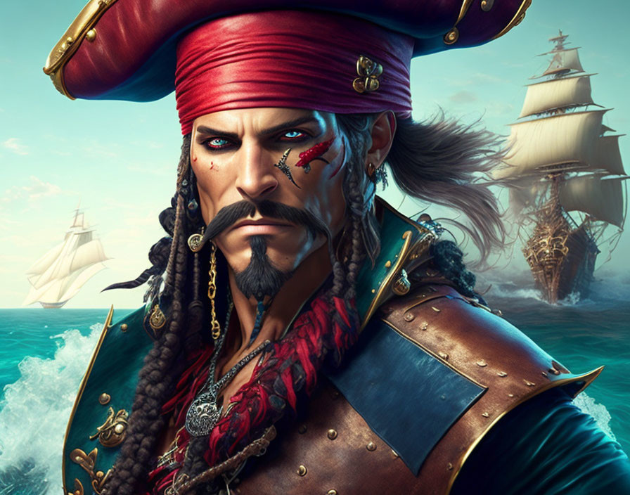 Digital artwork featuring pirate with red bandana, scar, ship in background