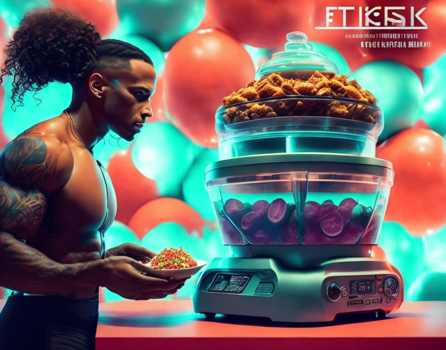 Muscular person with tattoos holding candy bowl near fried chicken machine amidst balloons