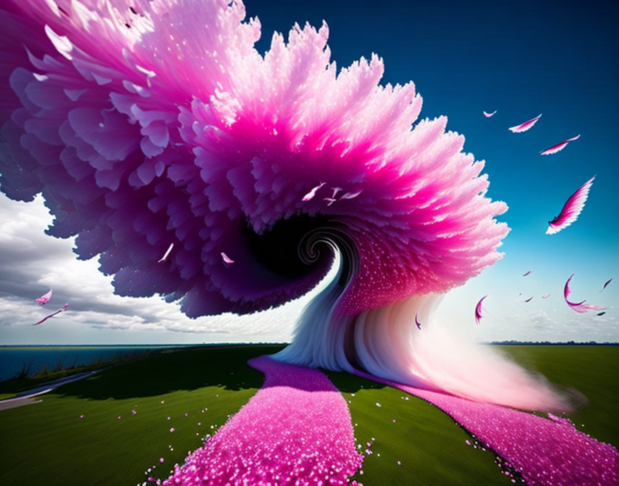 Vibrant pink and white tornado swirl in surreal landscape