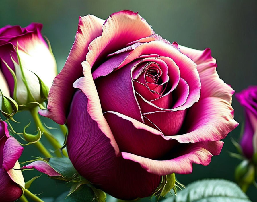 Pink Rose with White Edges and Water Droplets on Green Background