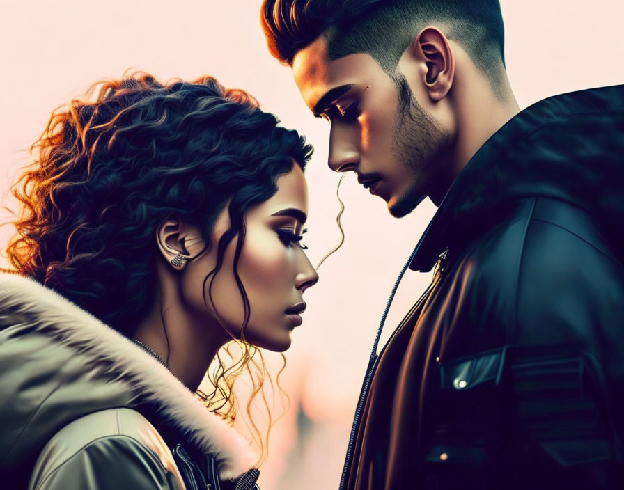 Detailed Stylized Man and Woman in Profile Illustration