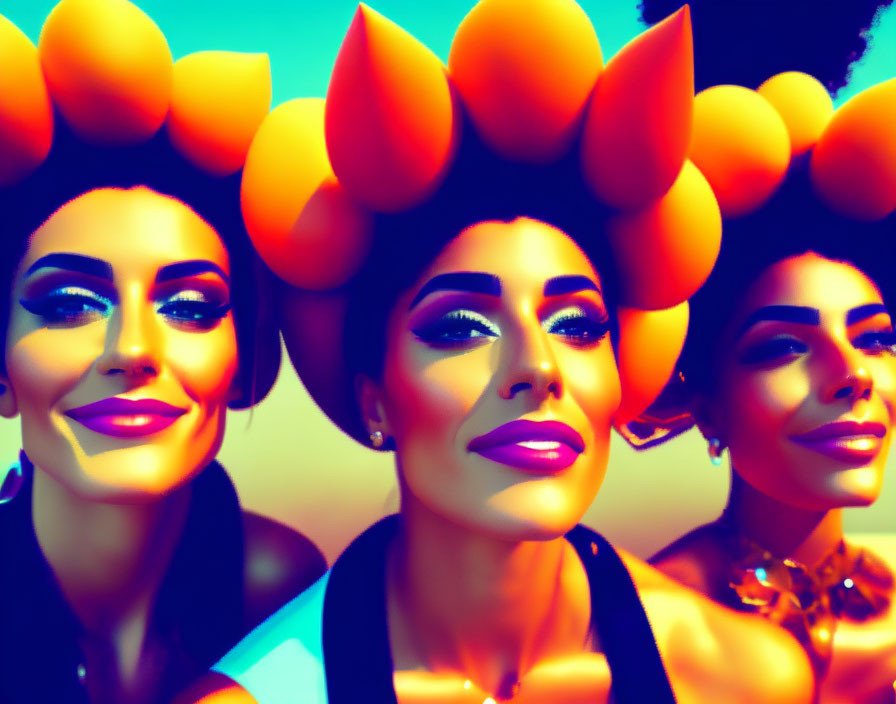 Three women in vibrant orange headpieces against teal sky, wearing bold makeup.