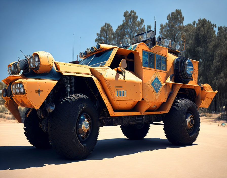 Futuristic orange armored vehicle with six large wheels parked on sand