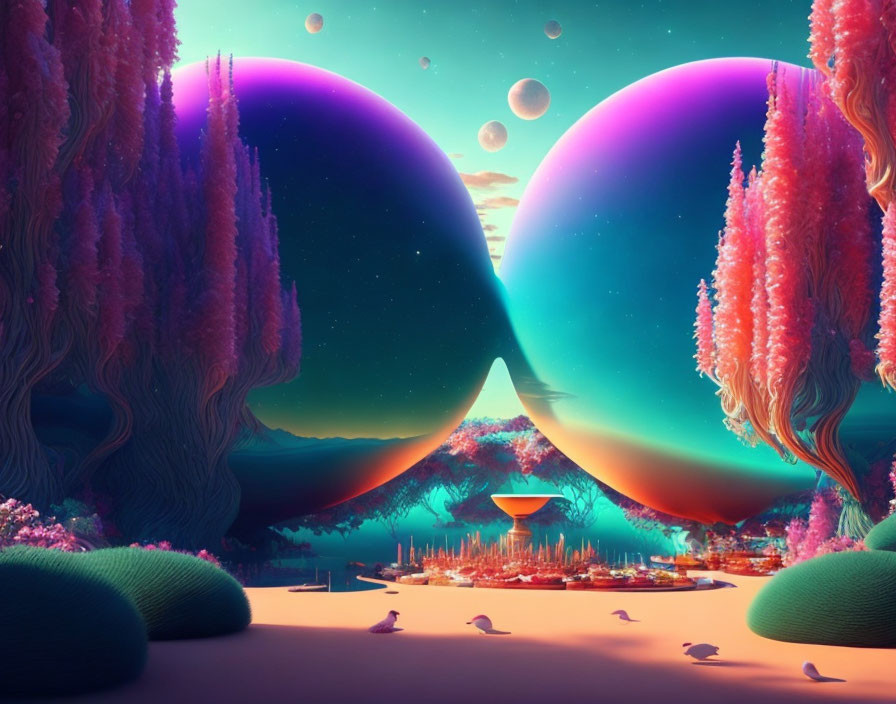 Colorful surreal landscape with spherical bodies and floating orbs