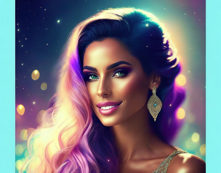 Colorful digital portrait of a woman with radiant skin and wavy hair on cosmic backdrop