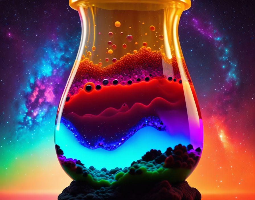 Colorful bubbling liquid in glass flask on space backdrop