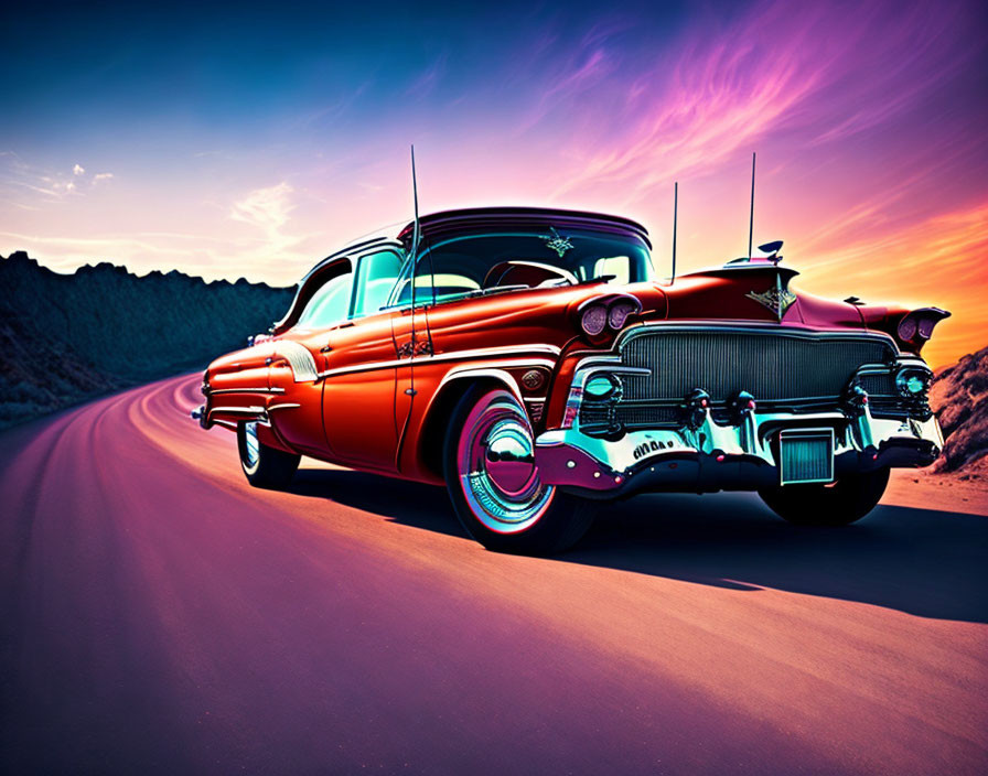 Vintage red and black 1950s car on open road at sunset with pink and purple skies