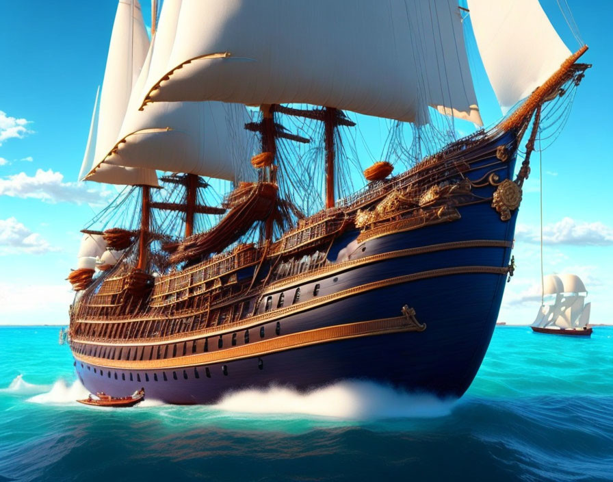 Majestic sailing ship with full white sails on vibrant blue ocean