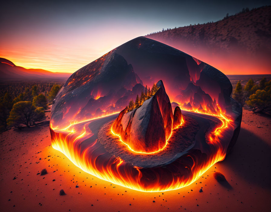 Surreal gem-like structure with fiery landscape and serene forest scene at sunset