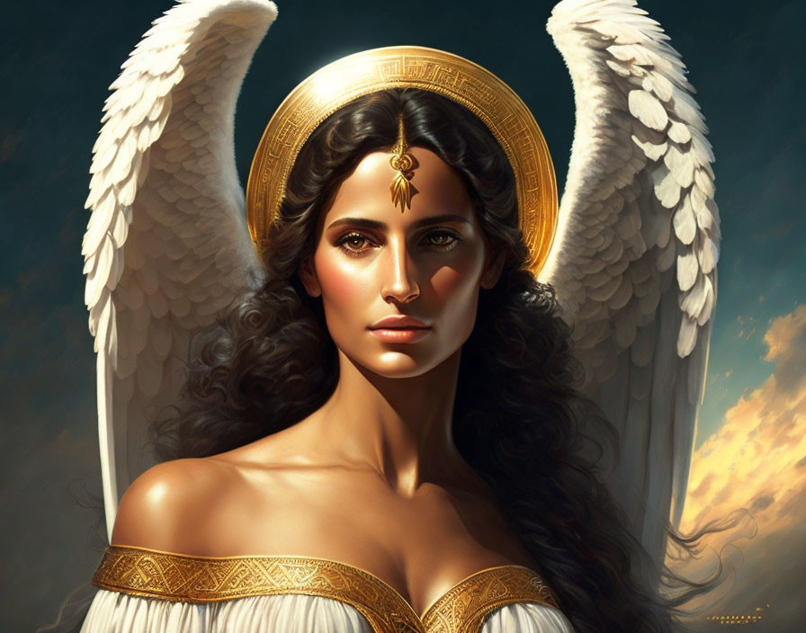 Digital Art: Woman with Angelic Wings and Halo in Golden Attire