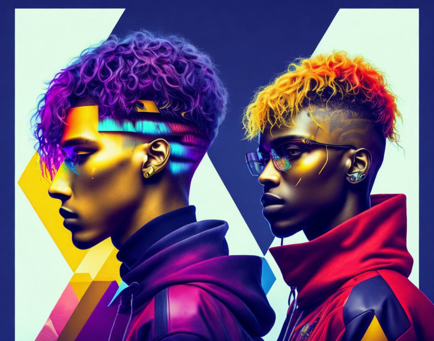 Vibrant dyed hair and stylish eyewear on individuals in colorful geometric setting