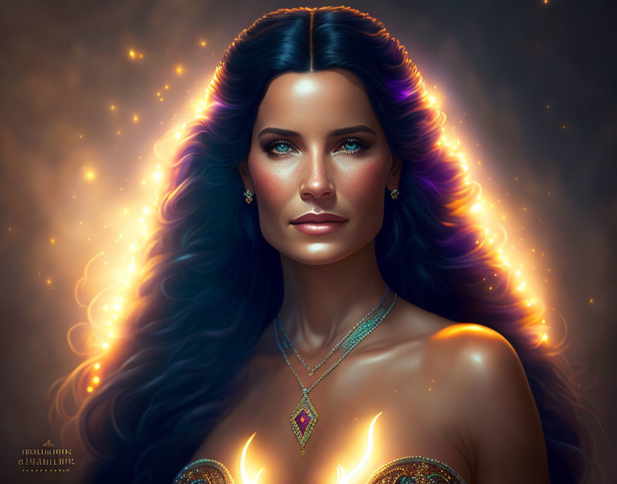 Digital portrait: Woman with long dark hair, blue eyes, and glowing necklace in mystical golden aura