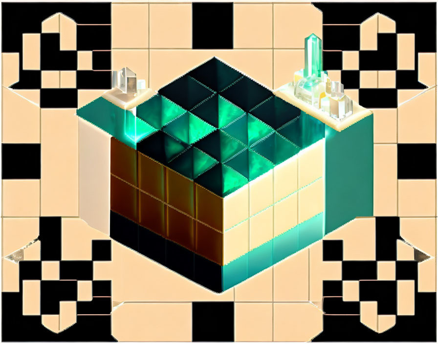 Isometric digital art: Stylized cubic structure in emerald green and gold on geometric black background