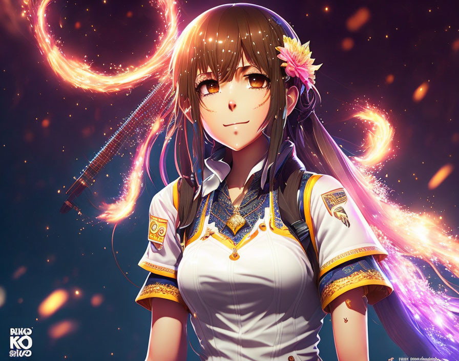 Anime girl with brown hair in stylish uniform and glowing rings.