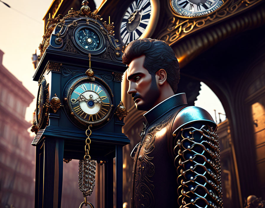 Stylized 3D illustration of man in ornate armor with mustache beside ornamental clock