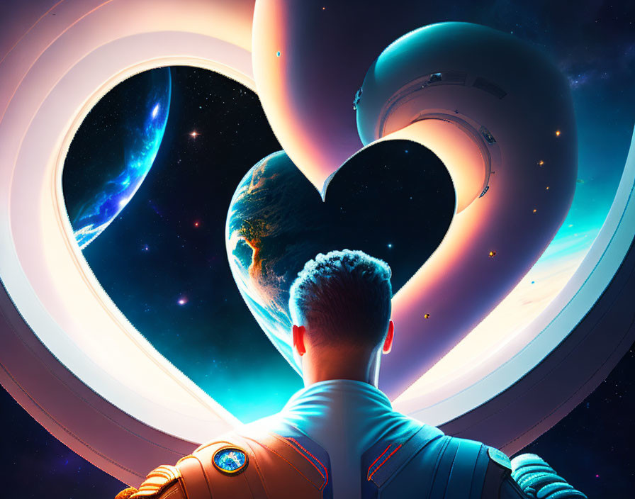 Person in Space Suit Contemplates Surreal Cosmic Scene with Heart-Shaped Structures and Earth View