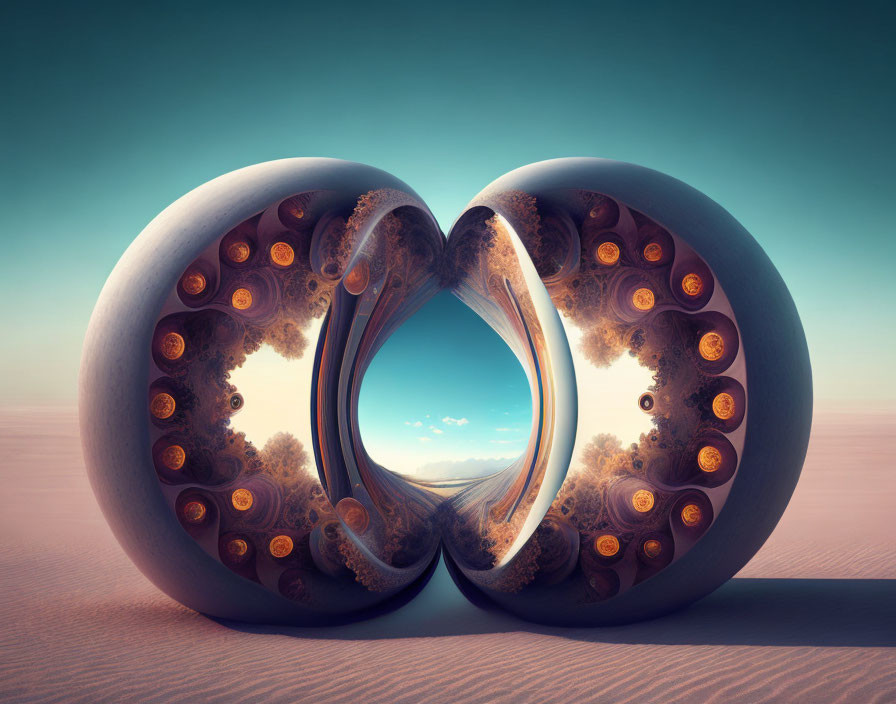 Futuristic symmetrical spheres with intricate inner patterns reveal serene landscape