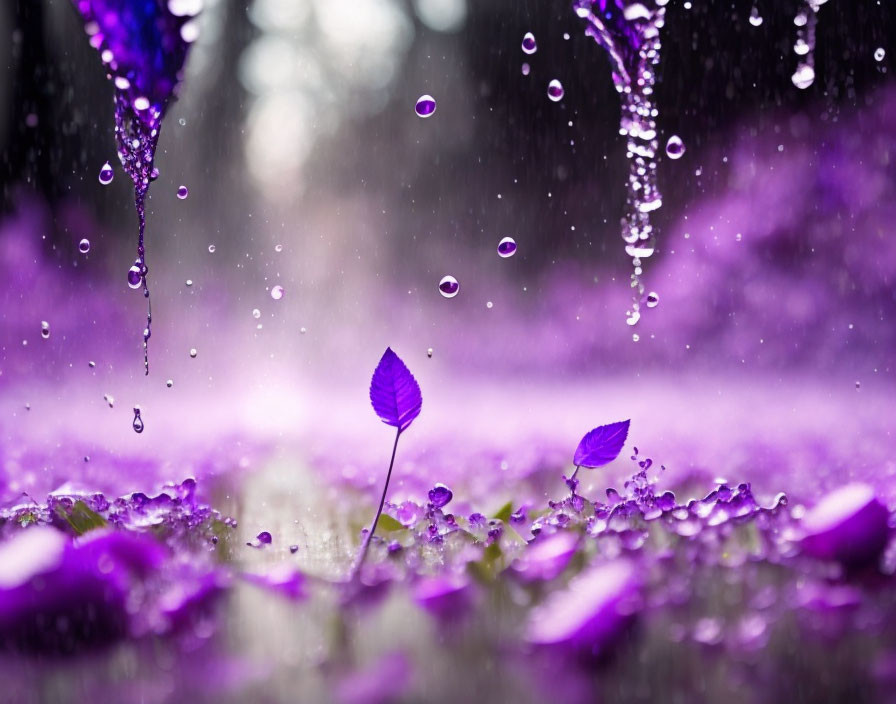 Purple leaves with raindrops in close-up against blurred falling water droplets.