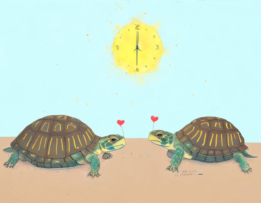 Cartoon tortoises with red hearts under a clock on sandy background