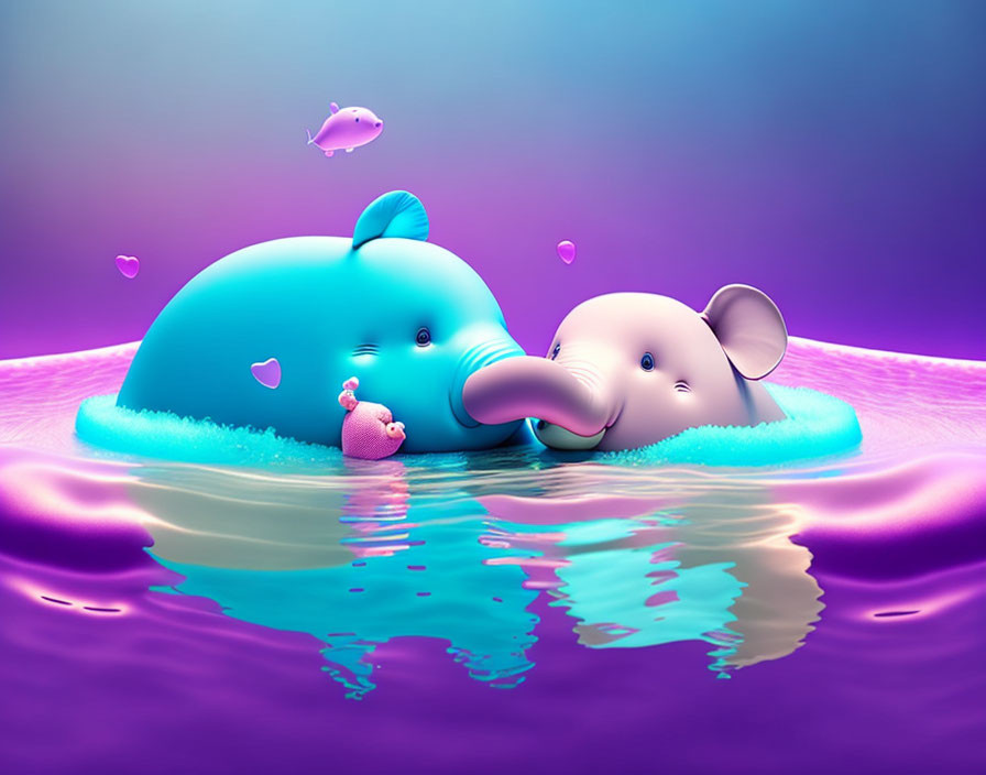 Surreal illustration: Elephant and dolphin merge in purple water scene