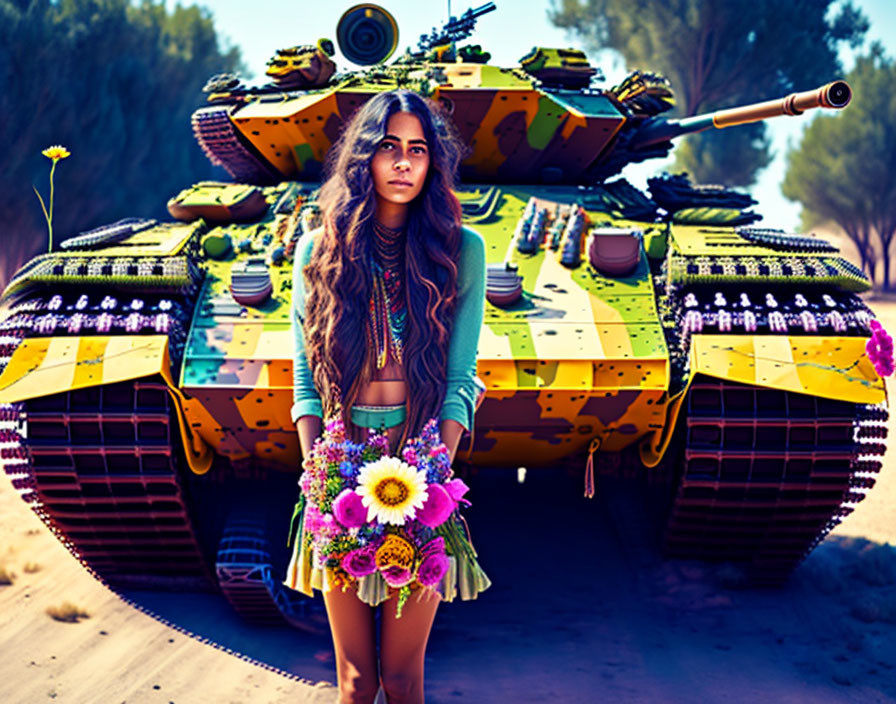 Long-haired woman stands by colorful flower-adorned tank