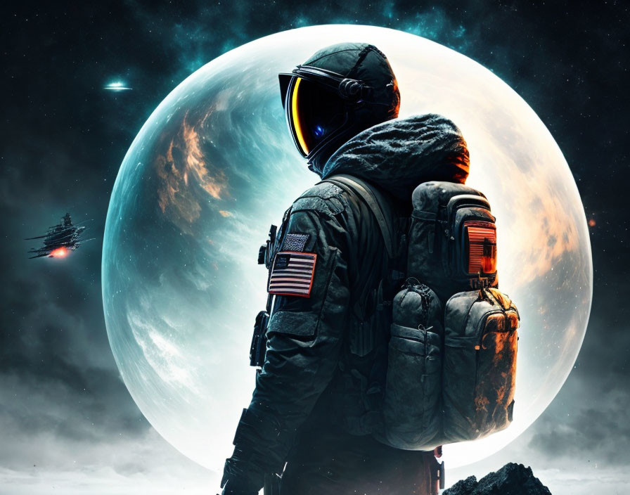 Astronaut in Spacesuit with Massive Planet and Spaceships in Sci-Fi Scene