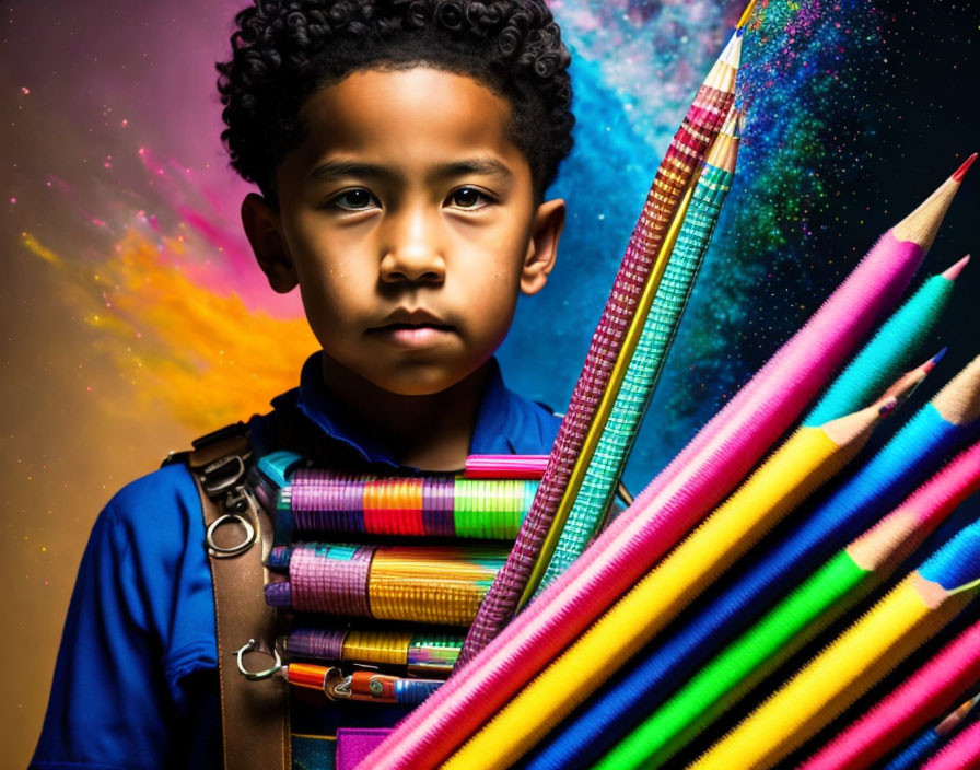 Serious child with oversized colorful pencils in cosmic background