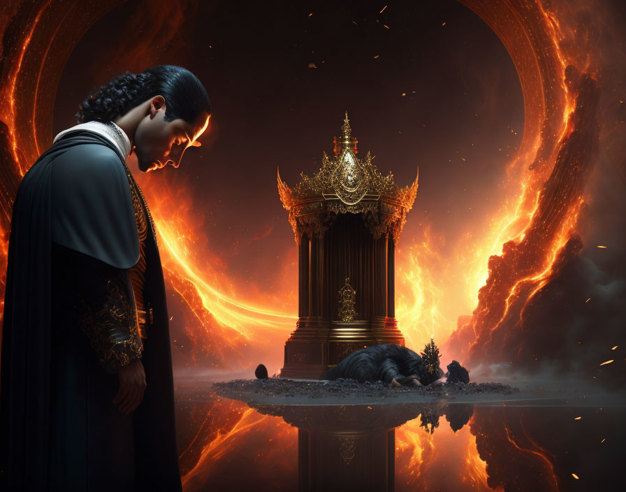 Mysterious figure gazes at fiery throne in apocalyptic scene