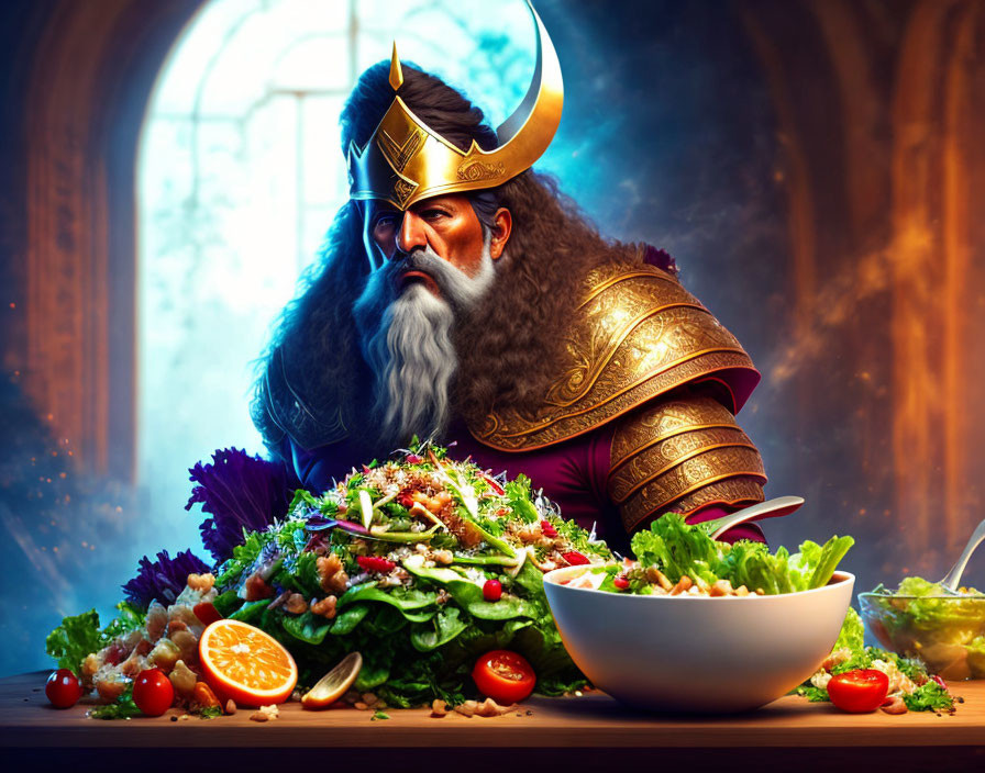 Regal king in armor with crown eating salad in grand chamber