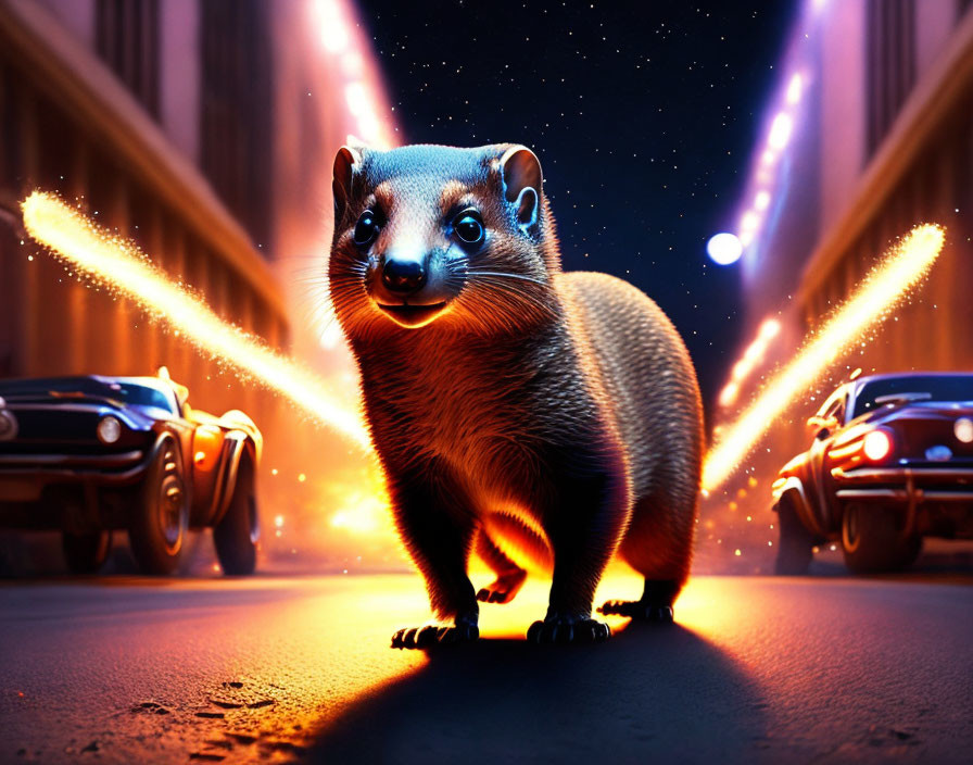 Stylized mongoose walking on neon-lit street with classic cars