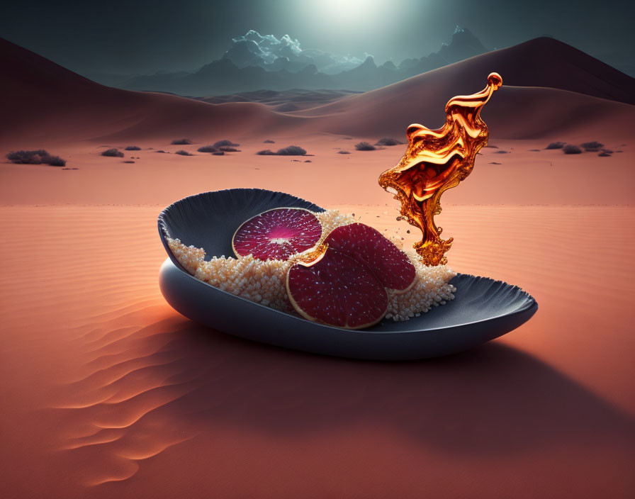 Surreal image of spoon with quinoa and fig slices on desert background