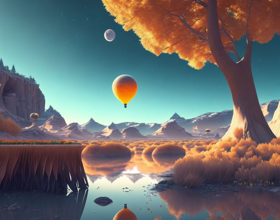 Autumn landscape with hot air balloon over water and twin moons