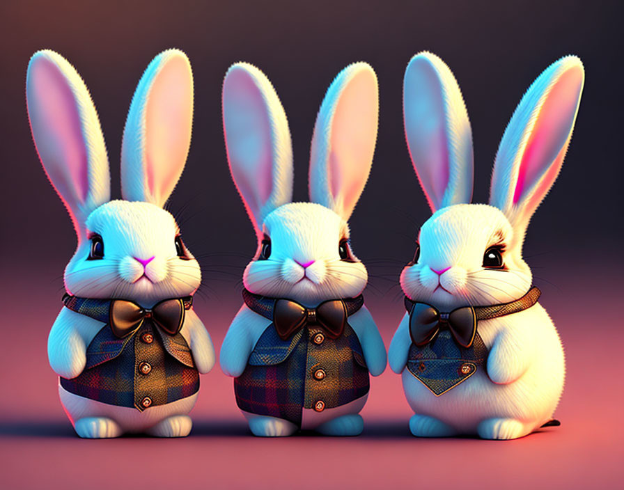 Stylized cartoon rabbits in suits with bow ties on pinkish-purple background