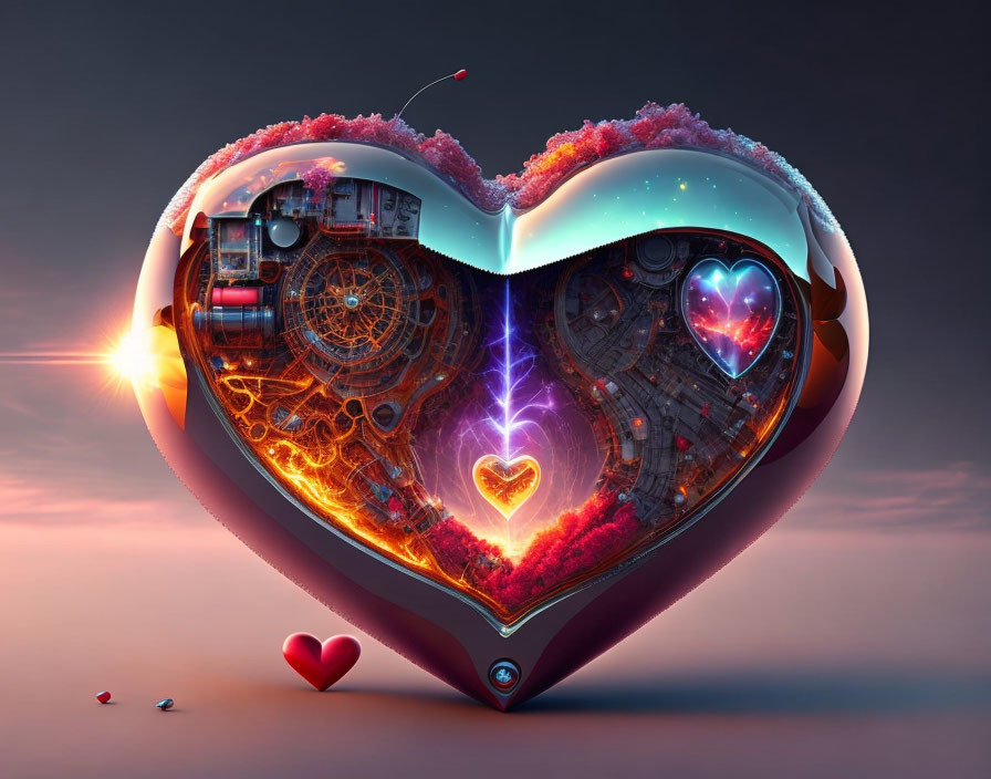 Futuristic heart-shaped structure with mechanical core and glowing elements at twilight