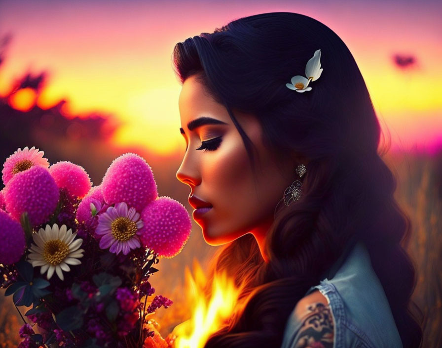 Woman with white flower in hair holding pink bouquet in vibrant sunset field