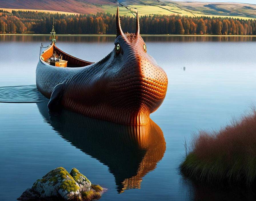 Giant whimsical fish with boat on back in autumn lake