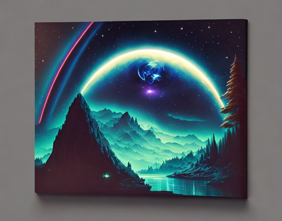 Landscape painting of mountains, lake, and starlit sky with cosmic elements